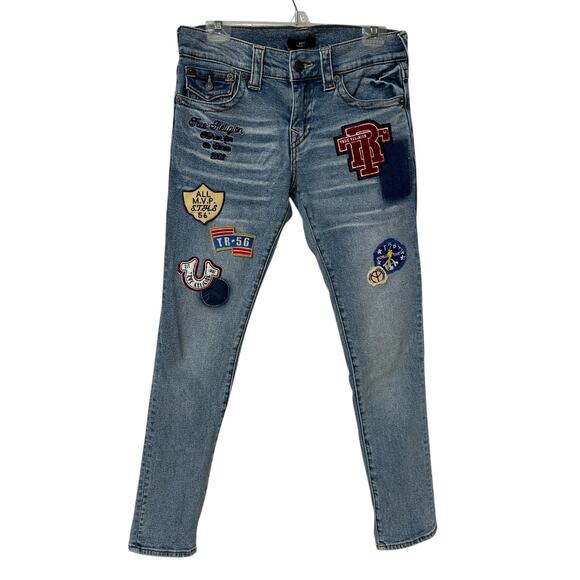 True Religion Jeans Rocco Patches Relaxed Skinny Blue Red Men's Size 28x32 - Picture 1 of 11